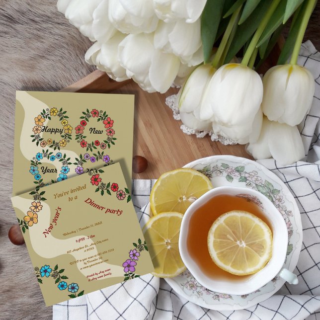 Invitation Soirée du Nouvel An beige avec couronne de fleurs (Créateur téléchargé)