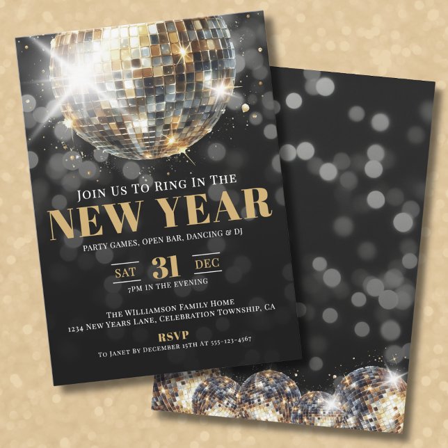 Invitation Soirée du Nouvel An Black Gold (Black Gold New Year's Eve Celebration Party Invitation )