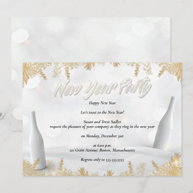 Invitation Soirée du Nouvel An blanc et doré (Devant / Derrière)