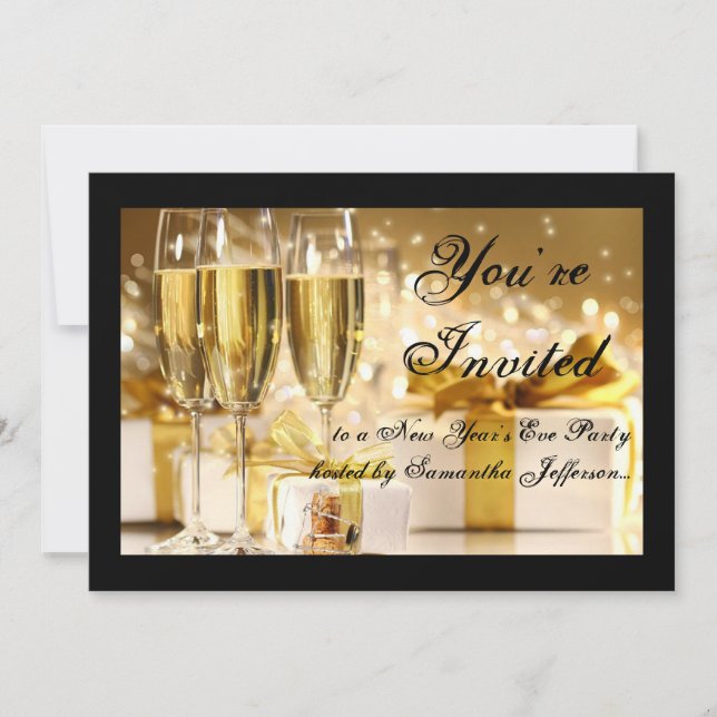 Invitation Soirée du Nouvel An Champagne d'or/noir (Devant)
