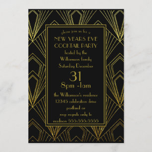 Invitation Soirée du Nouvel An Cocktail Noir   Or Art Déco