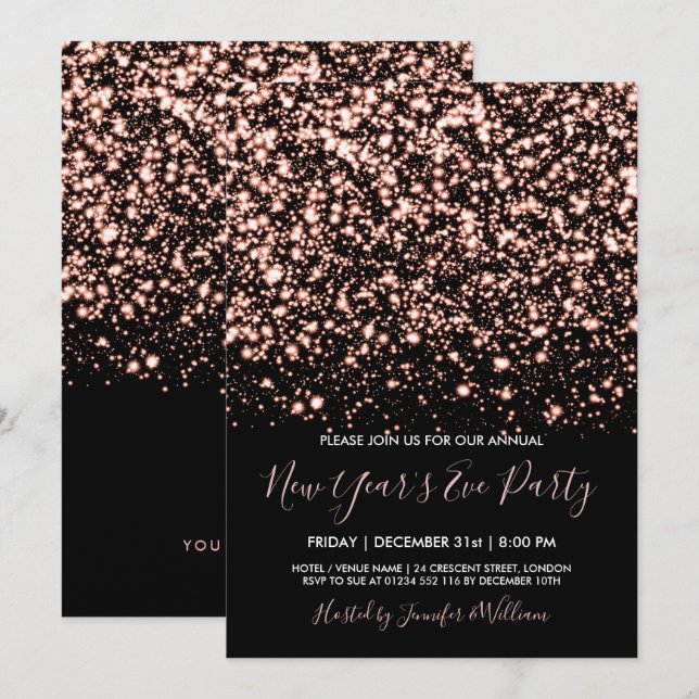 Invitation Soirée du Nouvel An Gold & Black Glam Rose (Devant / Derrière)