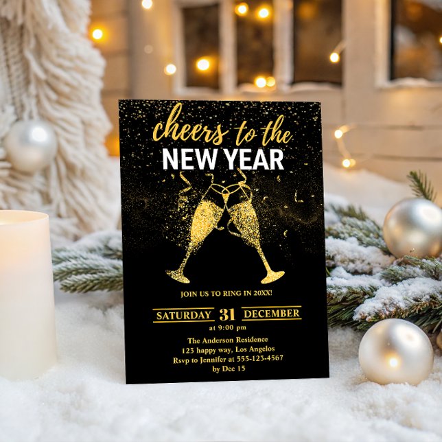 Invitation Soirée du Nouvel An Luxueuse Noir et Or Paillettes (Créateur téléchargé)