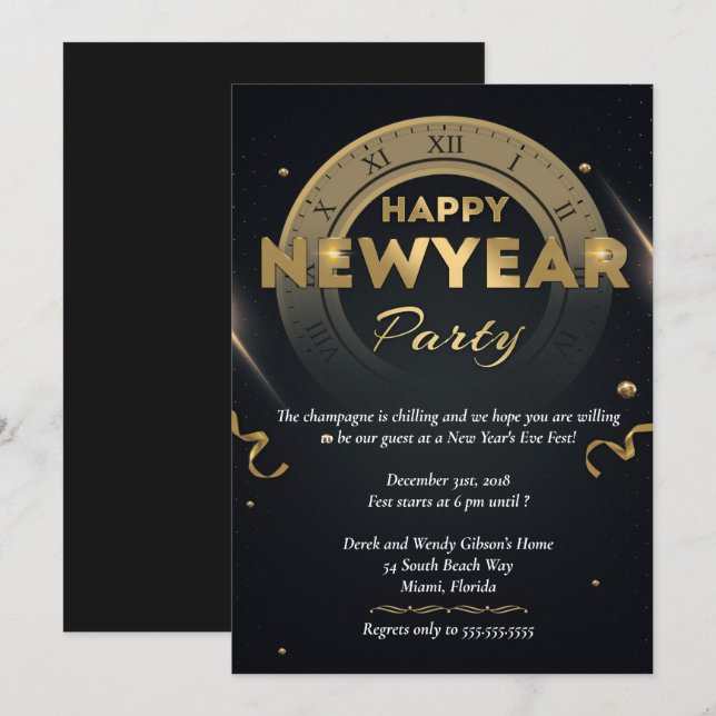 Invitation Soirée du Nouvel An noir et or (Devant / Derrière)
