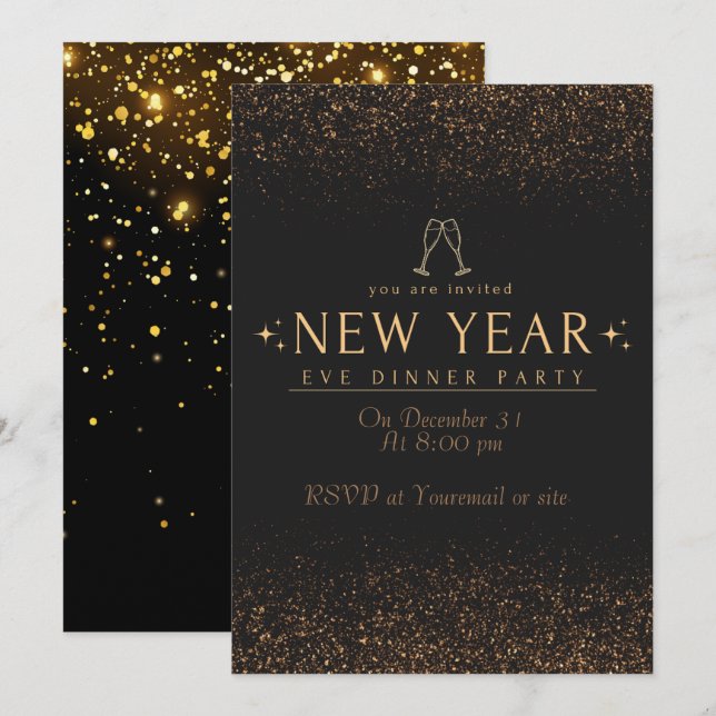 Invitation Soirée Elegant High End Gold Black New Years Eve P (Devant / Derrière)