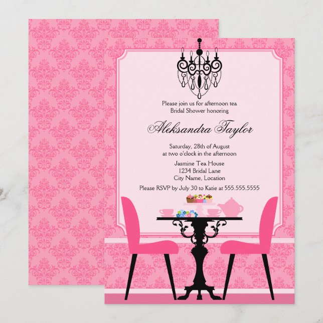Invitation Soirée élégante à la Damas et au lustre Tea Party (Devant / Derrière)