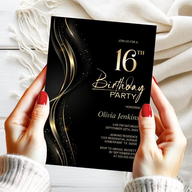 Invitation Soirée élégante Black and Gold 16e anniversaire (Créateur téléchargé)
