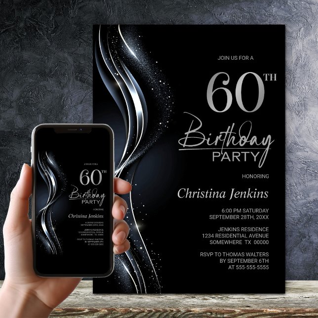 Invitation Soirée élégante Black and Silver 60e anniversaire (Créateur téléchargé)