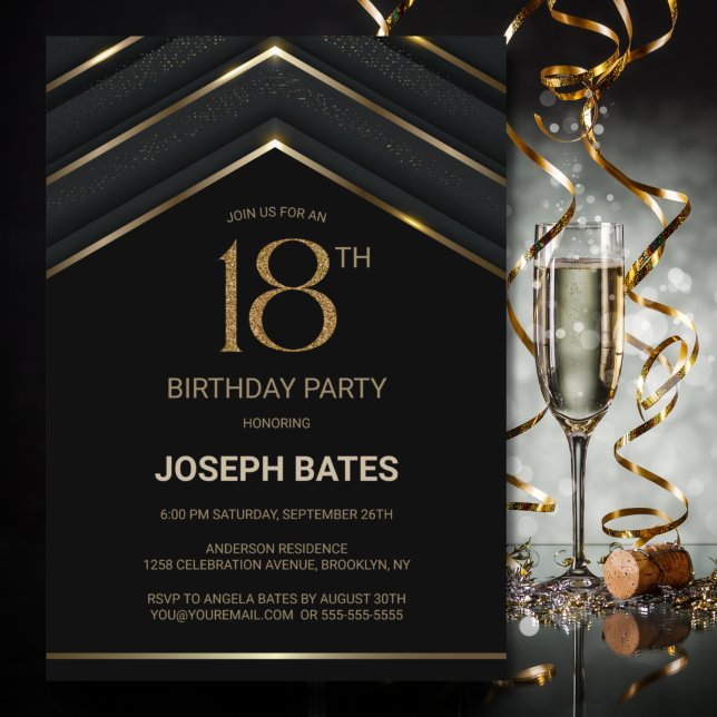 Invitation Soirée élégante Black Gold 18e anniversaire (Créateur téléchargé)