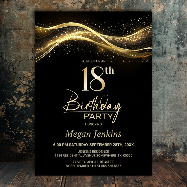 Invitation Soirée élégante Black Gold 18e anniversaire (Créateur téléchargé)
