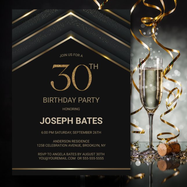 Invitation Soirée élégante Black Gold 30e anniversaire (Créateur téléchargé)