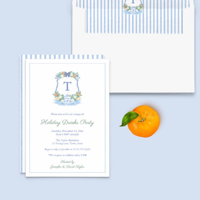 Invitation Soirée Elégante Cimier Bleu Et Blanc Citrus (Blue And White Citrus Winter Christmas Crest Holiday Drinks Party Invitation)