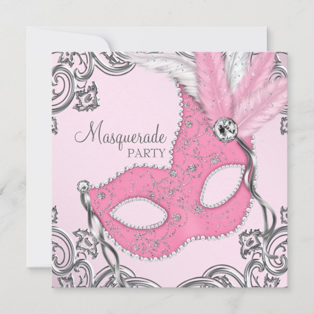 Invitation Soirée élégante en argent et mascarade rose (Devant)