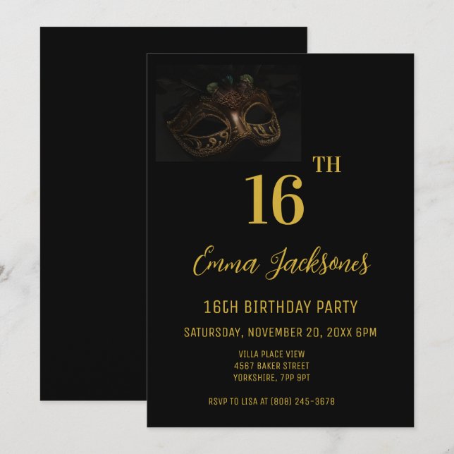 Invitation Soirée élégante Masquerade Black Gold 16e annivers (Devant / Derrière)