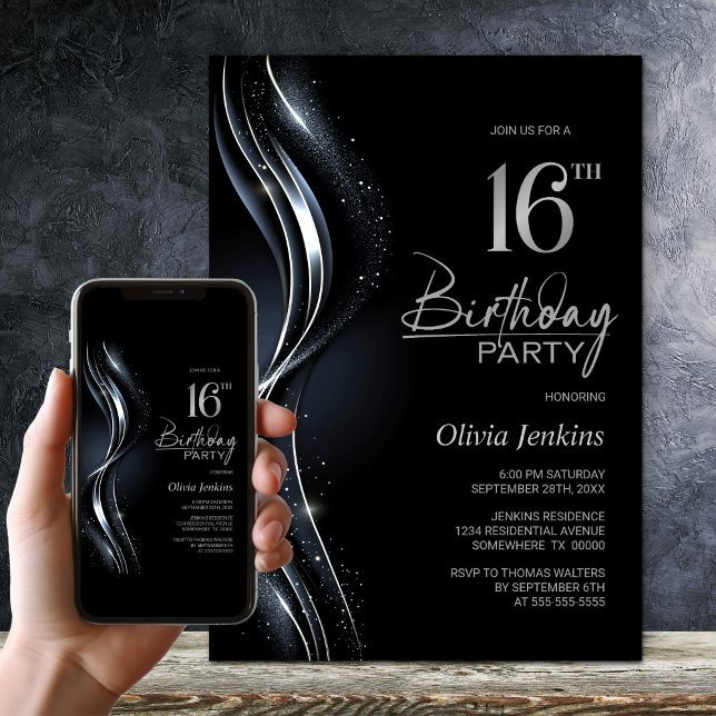 Invitation Soirée élégante Noir et Argent 16e anniversaire (Créateur téléchargé)