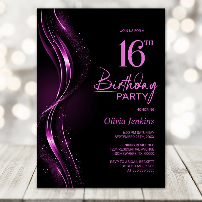 Invitation Soirée élégante Noir et Rose 16e anniversaire (Créateur téléchargé)