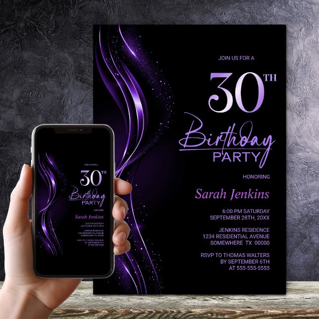 Invitation Soirée élégante Noir et Violet 30e anniversaire (Créateur téléchargé)