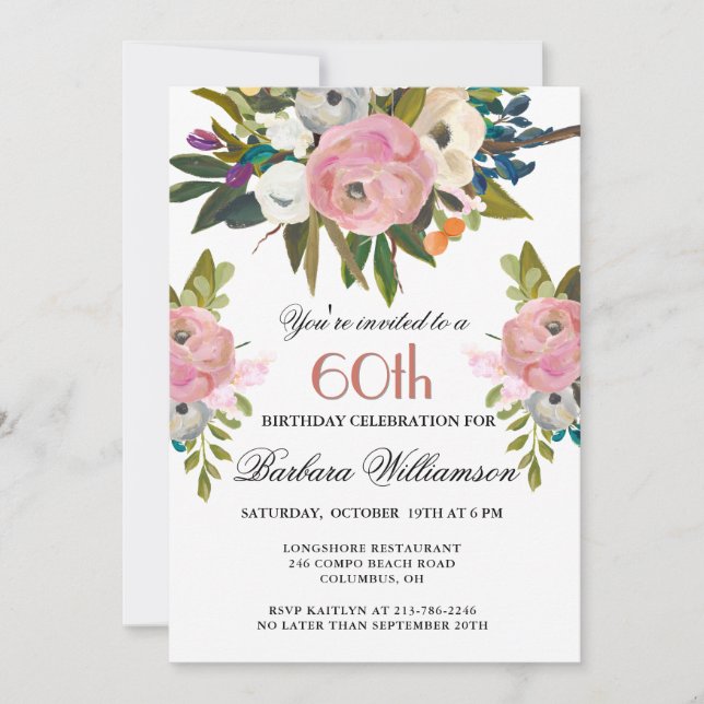 Invitation Soirée élégante peinte à la main florale 60e anniv (Devant)