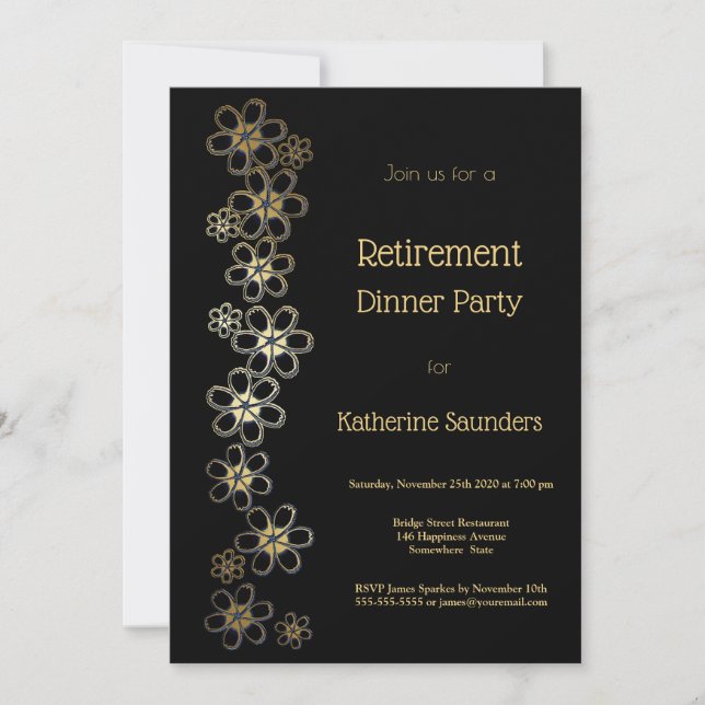 Invitation Soirée élégante Retraite Noire et Or (Devant)