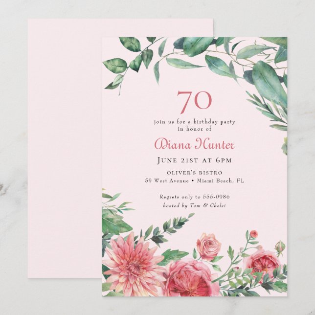 Invitation Soirée élégante rose florale 70e anniversaire (Devant / Derrière)