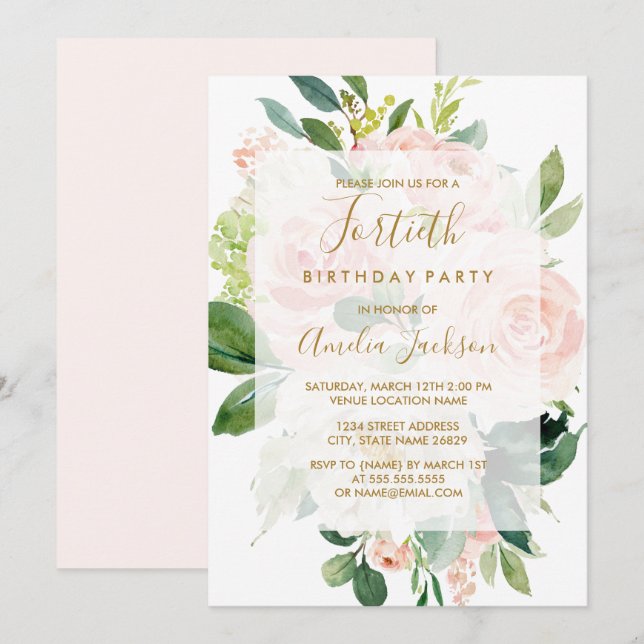 Invitation Soirée élégante rose Peach Bloom 40e anniversaire (Devant / Derrière)