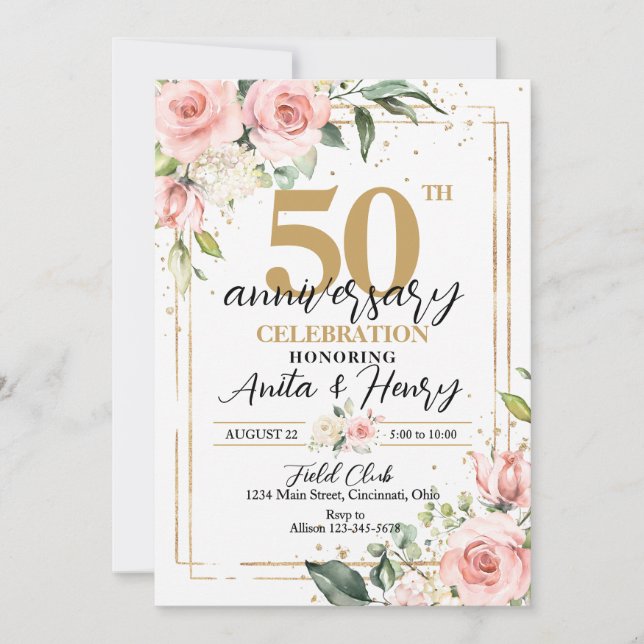 Invitation Soirée élégante rose Roses 50e Anniversaire (Devant)