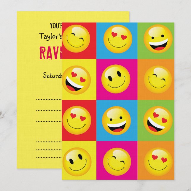 Invitation Soirée Emoji Party Smilie face Acid House Rave Nui (Devant / Derrière)