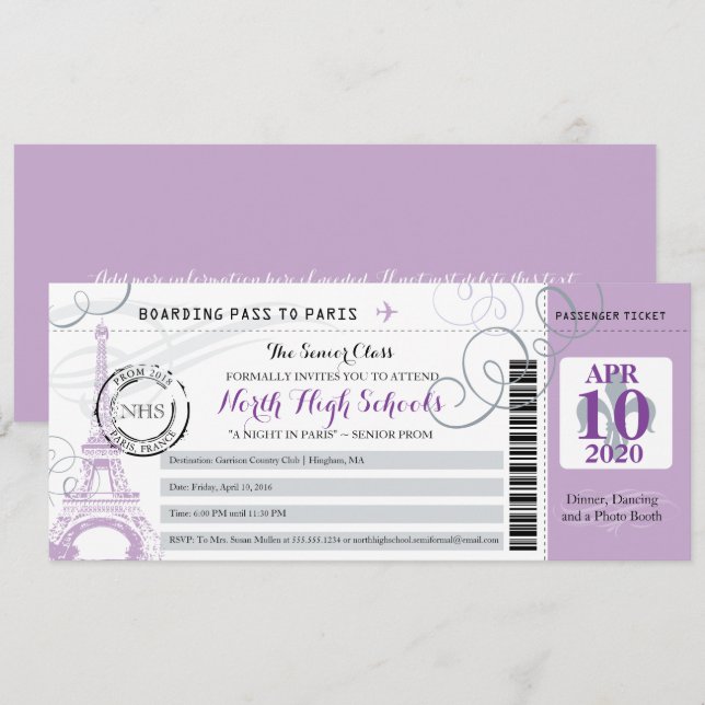 Invitation Soirée en gris argenté et violet à Paris (Devant / Derrière)