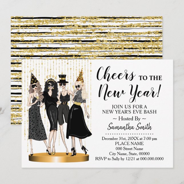 Invitation Soirée Filles de la Parties scintillant du Nouvel  (Devant / Derrière)