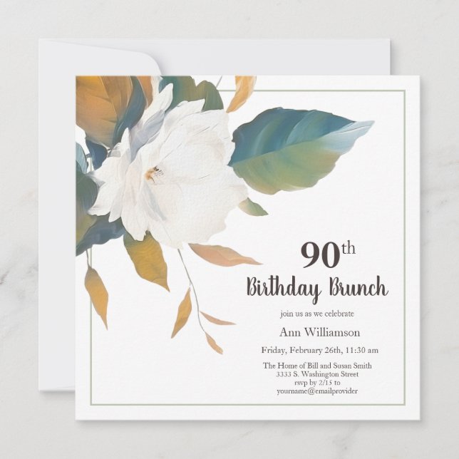 Invitation Soirée florale blanche élégante 90e anniversaire (Devant)