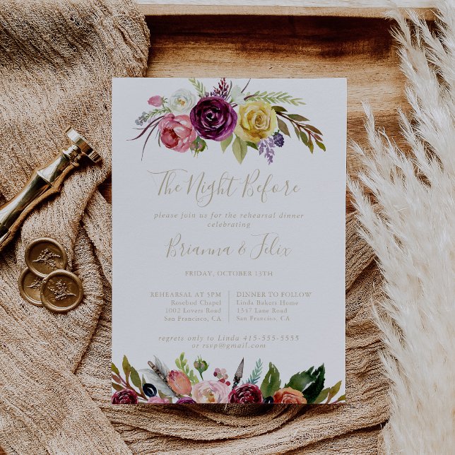 Invitation Soirée Florale Boho Or Avant Le Dîner De Répétitio (Créateur téléchargé)