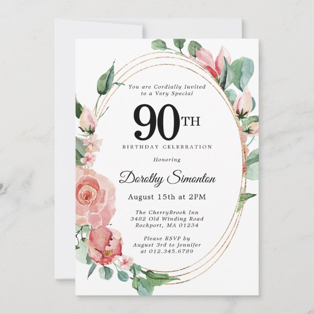 Invitation Soirée florale rose élégante 90e anniversaire (Devant)