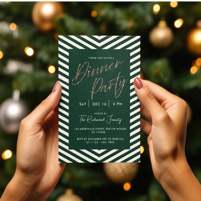 Invitation Soirée Gold et Green Holiday moderne (Modern Gold and Green Christmas or Birthday dinner party invitation)