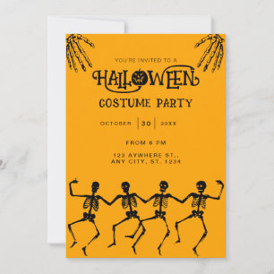 Invitation Soirée Halloween orange et noir squelette effrayan