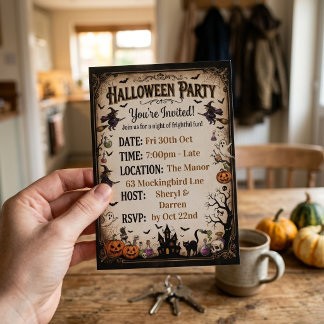 Invitation Soirée Halloween Vintage Sorcière & Maison Hantée