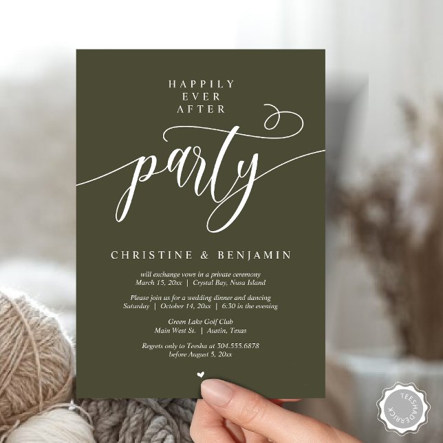 Invitation Soirée Happily Ever After, Script Moderne (Happily Ever After Dinner Party, Modern Script Wedding Reception Invitation Card, PDF, Olive Green)