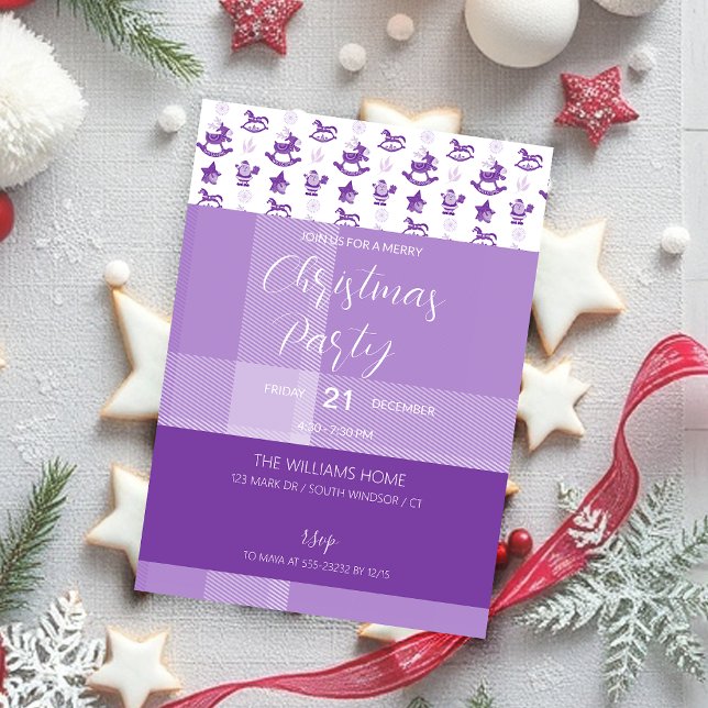 Invitation Soirée Jouets de Noël Tartan violet (Créateur téléchargé)