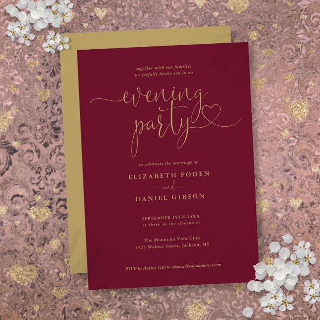 Invitation Soirée Mariage De Burgundy Et Gold Script (Burgundy And Gold Script Wedding Evening Party Invitation)