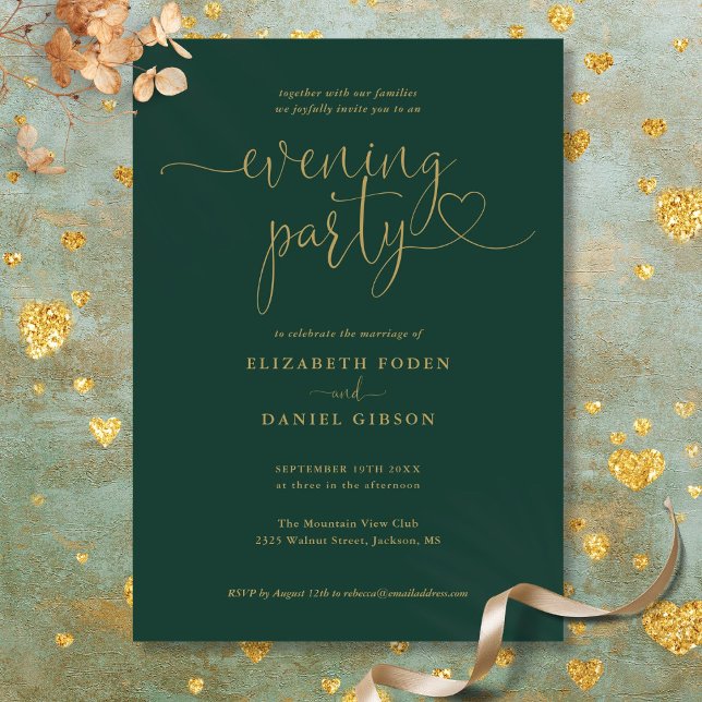 Invitation Soirée Mariage Emerald And Gold Script (Emerald And Gold Script Wedding Evening Party Invitation)