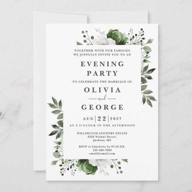 Invitation Soirée Mariage Olive Green Elégant Floral (Devant)