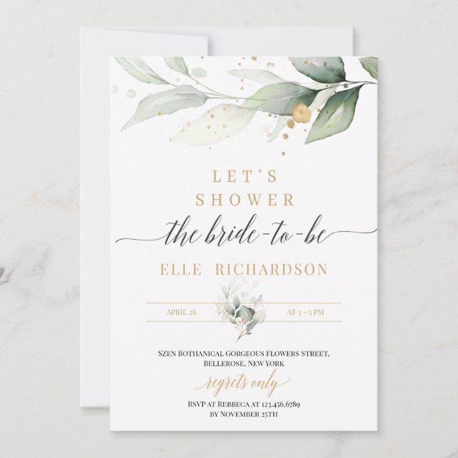 Invitation Soirée mariée en or à l'eucalyptus vert (Devant)