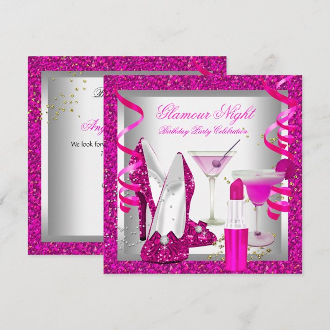 Invitation Soirée Martini parties scintillant Chaud Rose Glam (Devant / Derrière)