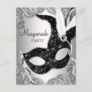 Invitation Soirée mascarade en argent et masque noir