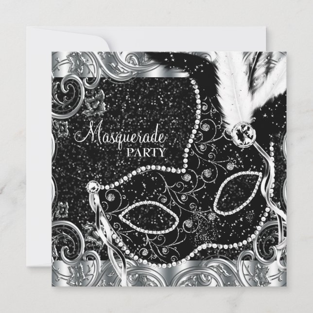 Invitation Soirée Mascarade Mascarade Masque Black Argent (Devant)