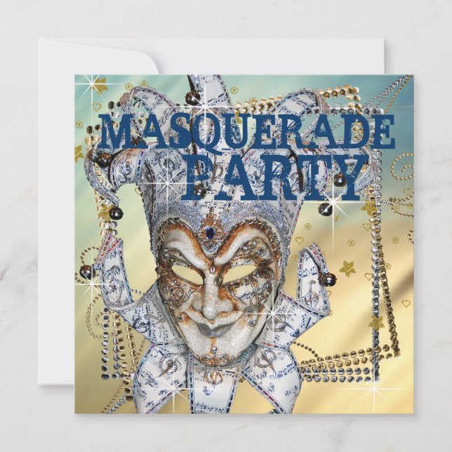 Invitation Soirée masquée Argent, Bleu et Or (Devant)