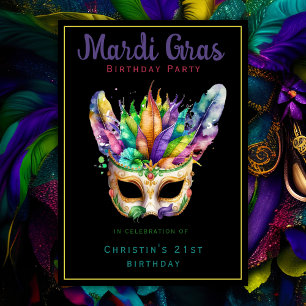 Invitation Soirée Masquée d'Anniversaire Mardi Gras Chic Noir