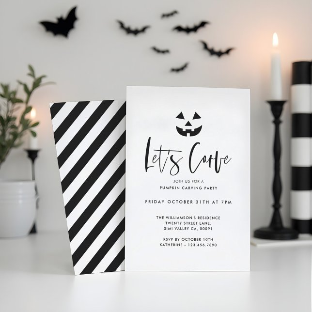 Invitation Soirée minimaliste Citrouille d'Halloween noir (Minimalist Black Halloween Pumpkin Carving Party Invitation)