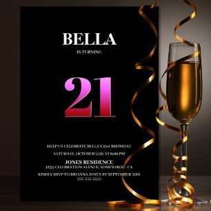 Invitation Soirée minimaliste de 21e anniversaire noir et ros