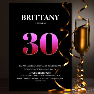Invitation Soirée minimaliste de 30e anniversaire noir et ros
