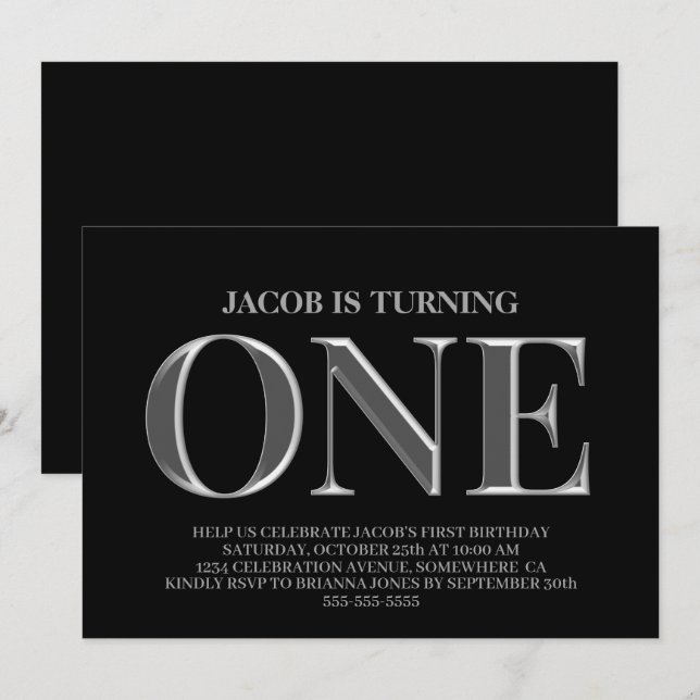 Invitation Soirée minimaliste Noir et Argent 1er anniversaire (Devant / Derrière)